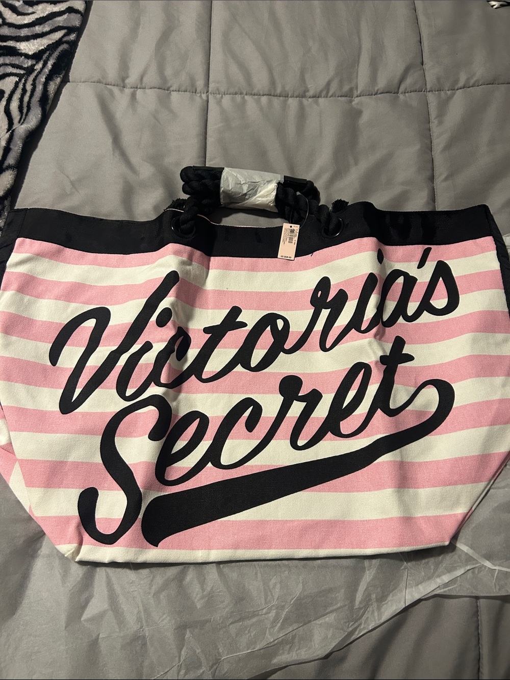 Victoria's Secret Pink and White Striped Canvas Logo Tote